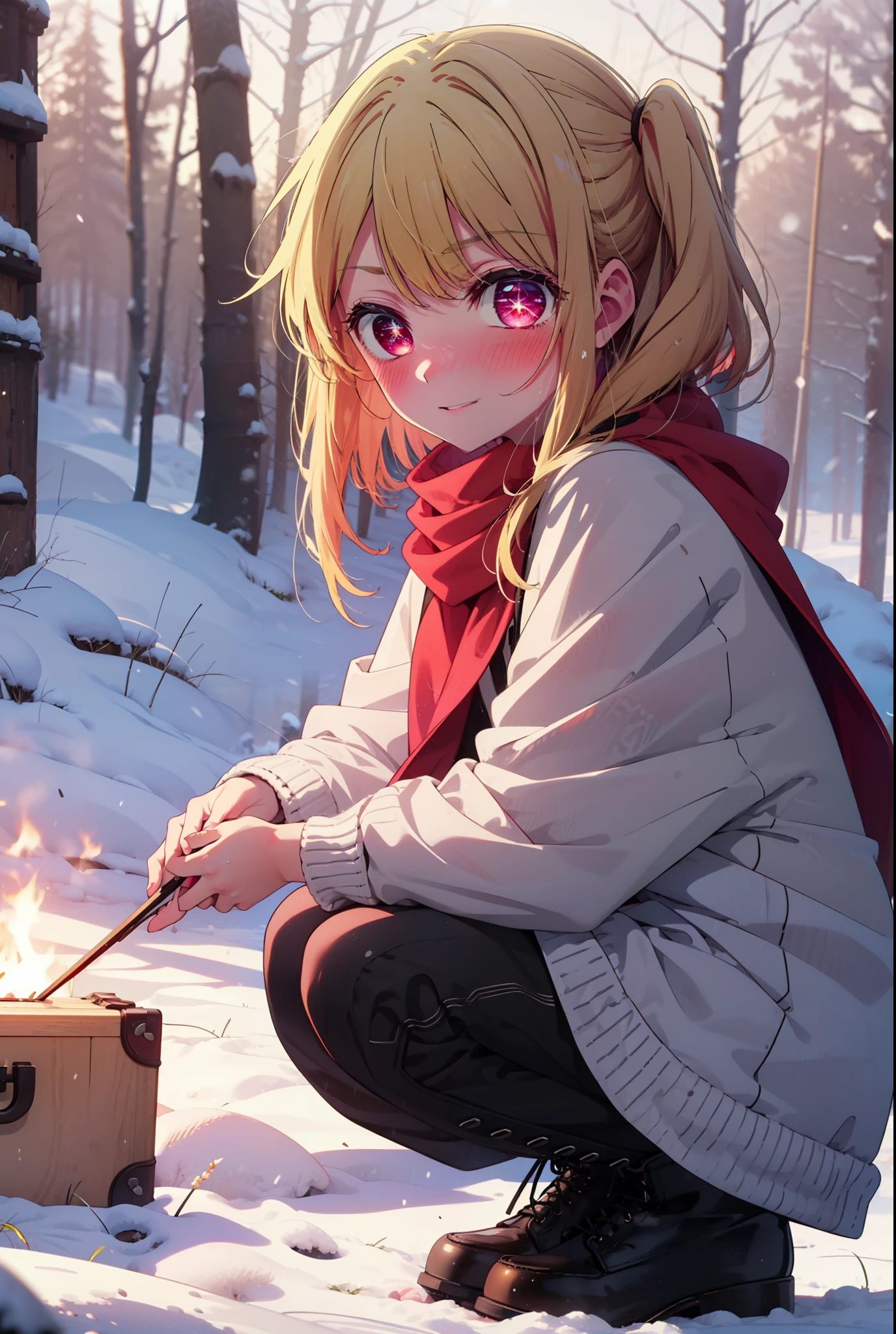 rubyhoshino, Hoshino Ruby, Long Hair, bangs, blonde, (Pink Eyes:1.3), Side Lock, (Symbol-shaped pupil:1.5), Multicolored Hair, Two-tone hair, smile,,smile,blush,white breath,
Open your mouth,snow,Ground bonfire, Outdoor, boots, snowing, From the side, wood, suitcase, Cape, Blurred, , forest, White handbag, nature, Squat, Mouth closed, Cape, winter, Written boundary depth, Black shoes, red Cape break looking at viewer, Upper Body, whole body, break Outdoor, forest, nature, break (masterpiece:1.2), Highest quality, High resolution, unity 8k wallpaper, (shape:0.8), (Beautiful and beautiful eyes:1.6), Highly detailed face, Perfect lighting, Extremely detailed CG, (Perfect hands, Perfect Anatomy),
