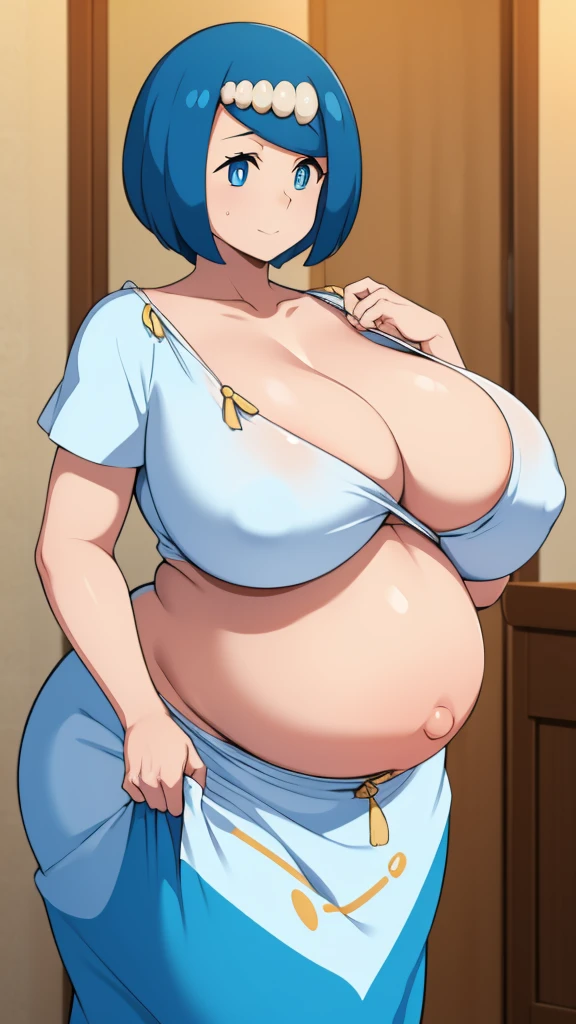 Sexy Hawaiian Girl, beautiful, Large Breasts, beautiful, Bright blue hair, Round Cut, Her blue eyes, She wears a white shirt, Showing your belly button, Blue long skirt. Huge Pregnancy , Huge abdomen