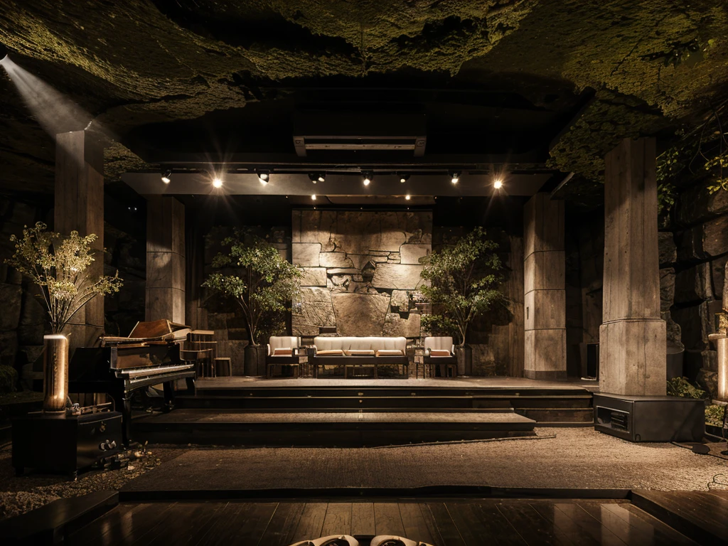 cafe restaurant, a music stage in a cave, big stage, tone white, spotlights, natural lighting, musical equipment, guitars, pianos, drum sets, trumpets, realistic, surreal, Wide space, trees around, glass windown big, Realistic,Photorealism
