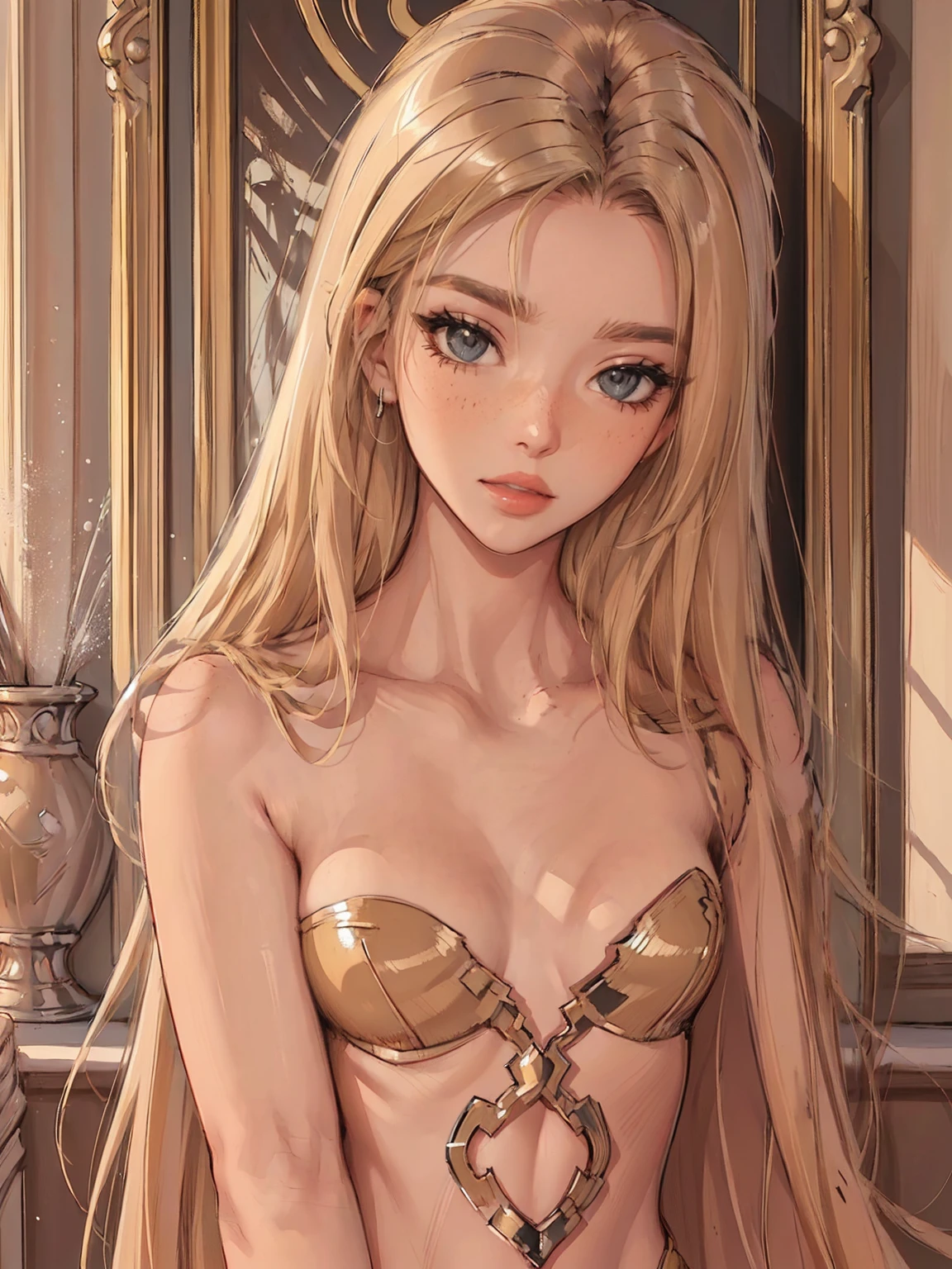 (best quality: 1.2), clean face, (masterpiece: 1.2, 8k) perfect anatomy, 1 girl) a beautiful fashion model ,(masterpiece, official art, best quality  shiny hair, blonde hair with streaks in hair, full lips,  small perky breasts, slutty outfit, cleavage, shiny breasts ,shiny skin, looking at viewer, (slave dancer  outfit), lightly freckled