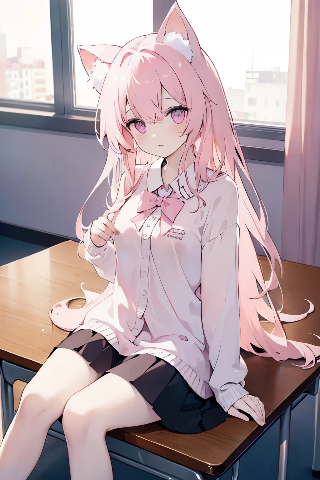 (pale pink cat ears:1.2),pale pink long hair,pink eyes sitting in classroom
