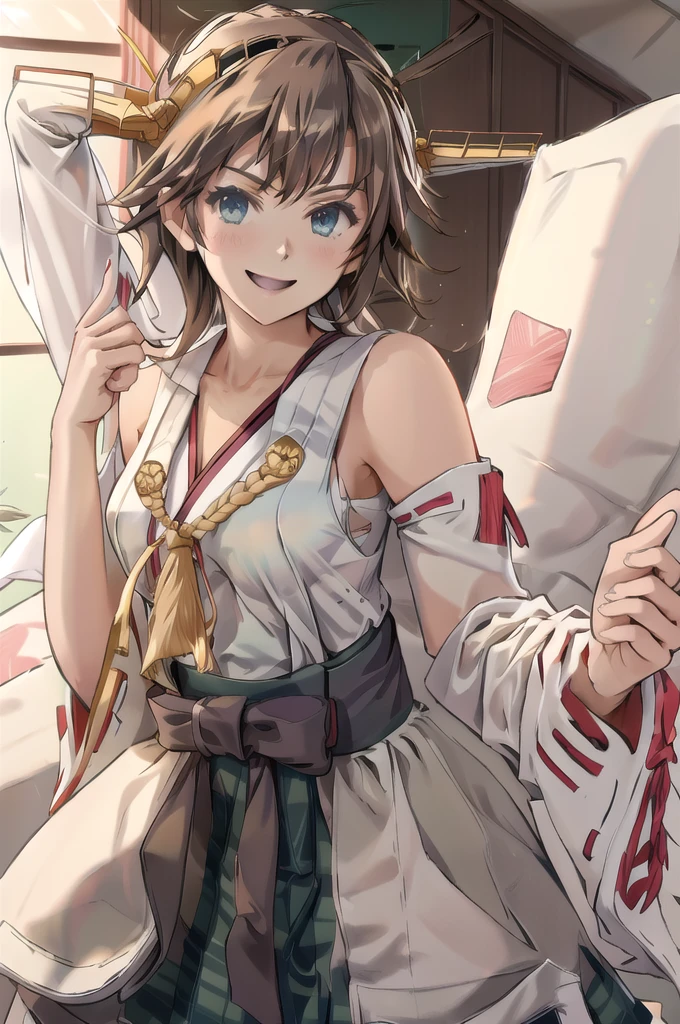 Highest quality, masterpiece, High resolution, alone, (Hiei Kai-2_Fleet Collection:1.15), オレンジ色hair, hairband, headgear, Non-traditional_Shrine maiden, smile, green_eye, Inverted up_hair, smile, One Girl, dependent_sleeve, green_skirt, Plaid, Plaid_skirt, ribbon-trimmed_sleeve, ribbon_trim, skirt, (indoor, office, living room), 