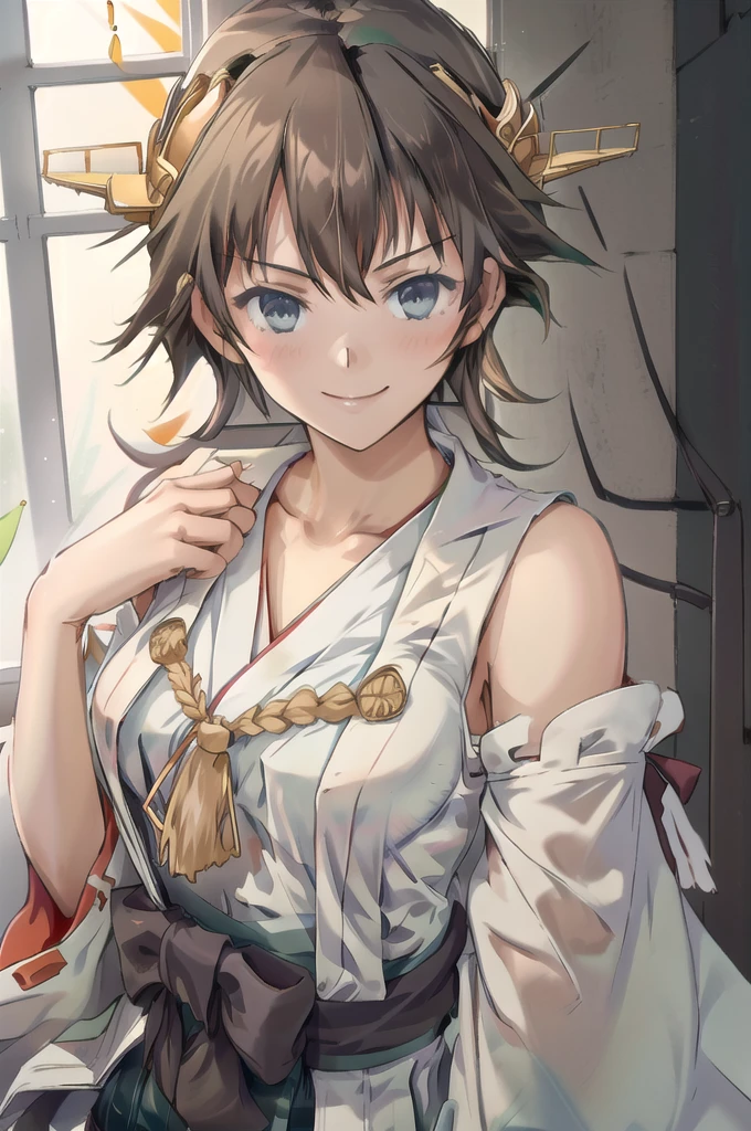 Highest quality, masterpiece, High resolution, alone, (Hiei Kai-2_Fleet Collection:1.15), オレンジ色hair, hairband, headgear, Non-traditional_Shrine maiden, smile, green_eye, Inverted up_hair, smile, One Girl, dependent_sleeve, green_skirt, Plaid, Plaid_skirt, ribbon-trimmed_sleeve, ribbon_trim, skirt, (indoor, office, living room), 