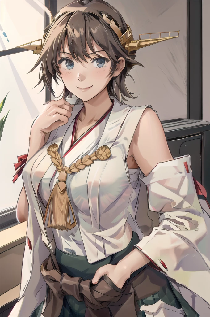 Highest quality, masterpiece, High resolution, alone, (Hiei Kai-2_Fleet Collection:1.15), オレンジ色hair, hairband, headgear, Non-traditional_Shrine maiden, smile, green_eye, Inverted up_hair, smile, One Girl, dependent_sleeve, green_skirt, Plaid, Plaid_skirt, ribbon-trimmed_sleeve, ribbon_trim, skirt, (indoor, office, living room), 