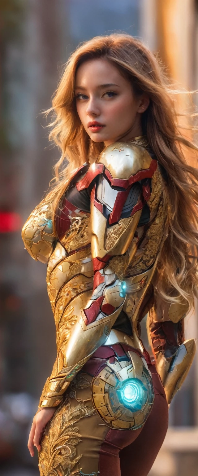(dynamic lighting), (75mm), (realism), ((realistic:1.5)), (depth of field:1.5), (UHD), (32k))), (Mastepiece), (highres, high resolution), (Advanced facial details:1.5), ((shiny skin)), (photorealistic:1.5), (dslr), (soft lighting), (high quality), (clearly face:1.0), (full body shot), (full body portrait:1.5), (finely detailed face:1.0), (top quality), (Best Quality:1.5), (1girll:1.3)、offcial art、Unity 8k wallpaper、ultra - detailed、Beauty and aesthetics、(with revealing breasts), Fantastical Atmosphere、calm color palette、tranquil mood、soft shade,Bare lower body,Background with:aerodrome,Planes,Iron Man,((Wearing:Iron Man uniform,Armour,Gold wire embroidery)),