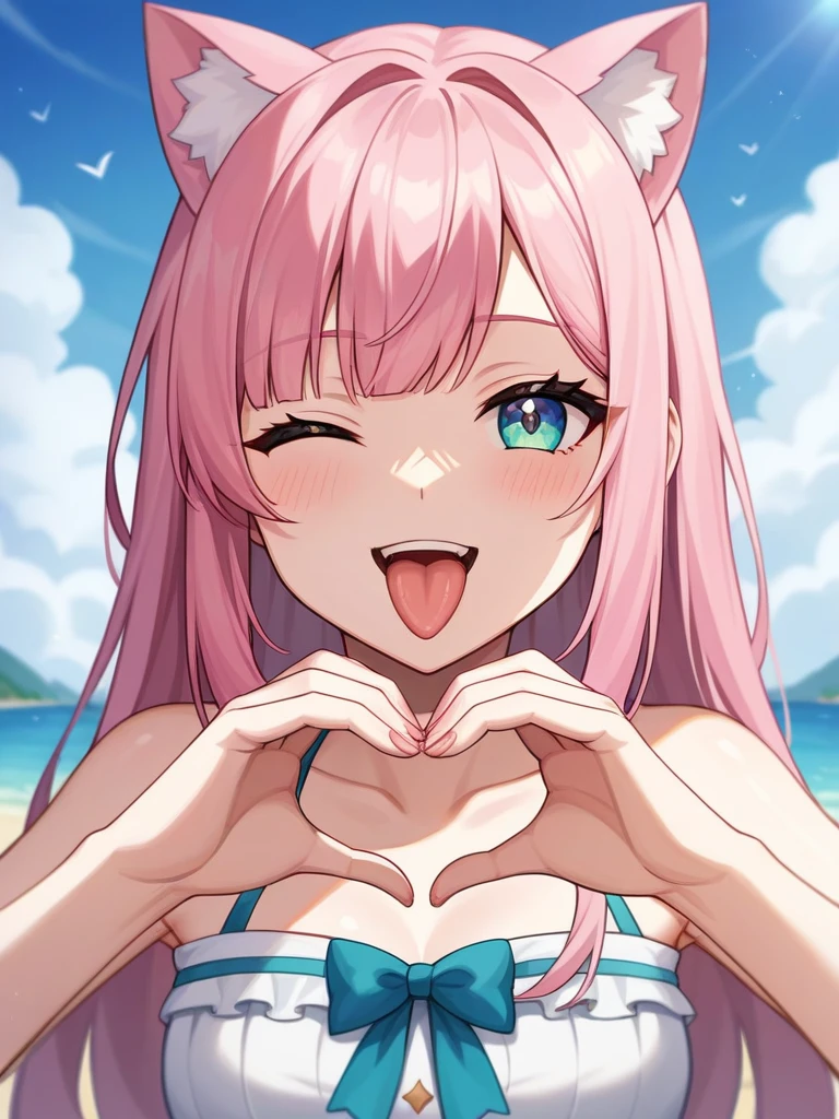 Adult, Female, long pink hair, winking, tongue out, heart hands, vtuber, otaku bedroom, Masterpiece, Accurate, Anatomically Correct, Best Quality, High Details, Detail, Super Detailed, Best detail, Perfect detail, Amazing detail, [-3, 3], perfect hands, best hands, best fingers, perfect fingers, perfect body, best body, amazing body, Looking at viewer, front facing, upper body shot, Cat Ears, Close-Up, 