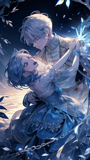 Princess and a man are dancing waltz, crying, scared, wide eyes, open mouth wide, praying, asking for help, chains, dry leaves, dry branches, haunting, dynamic camera, blue scatter light