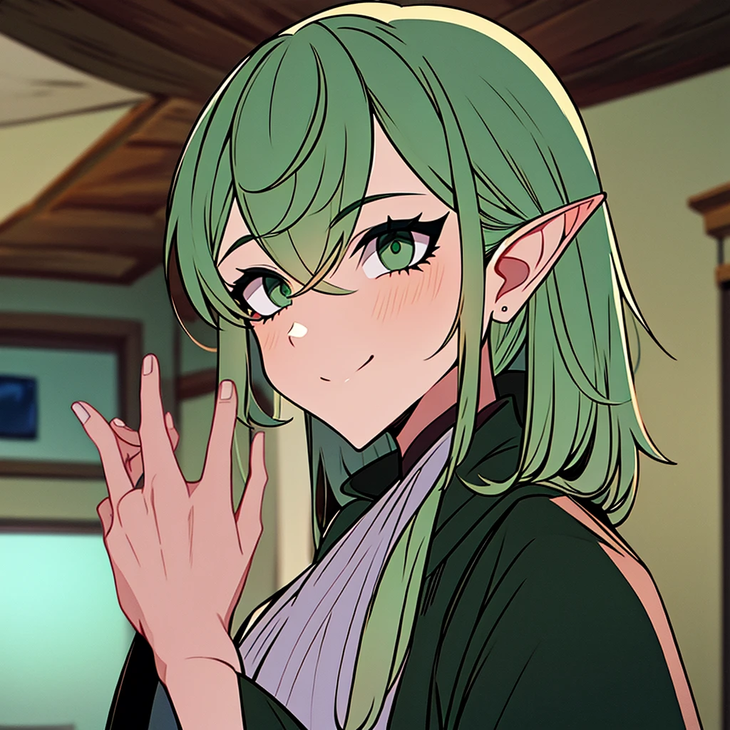 A woman with short white and green hair , with bangs parted in the middle, emerald green eyes. wearing a black robe, and the inside of the shirt is green. Was smiling gently, elf ears