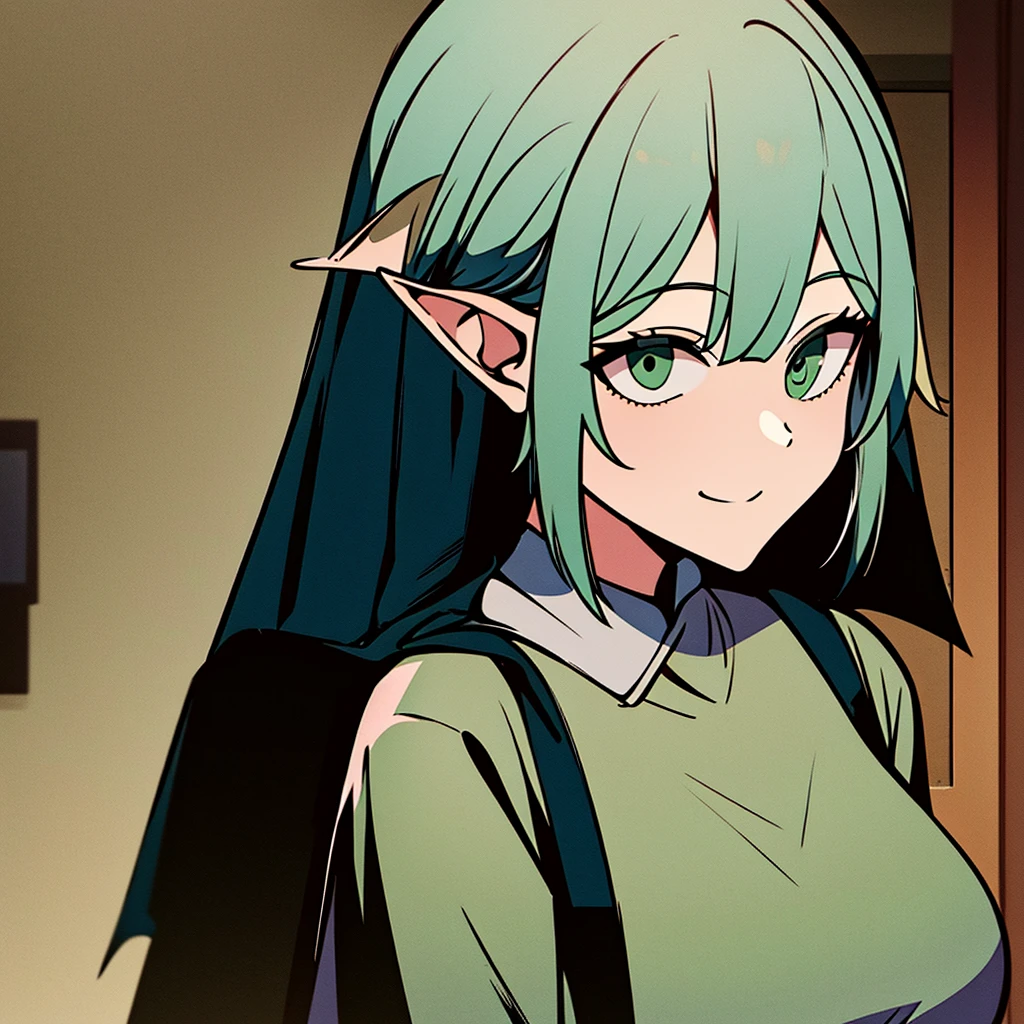 A woman with short white and green hair , with bangs parted in the middle, emerald green eyes. wearing a black robe, and the inside of the shirt is green. Was smiling gently, elf ears