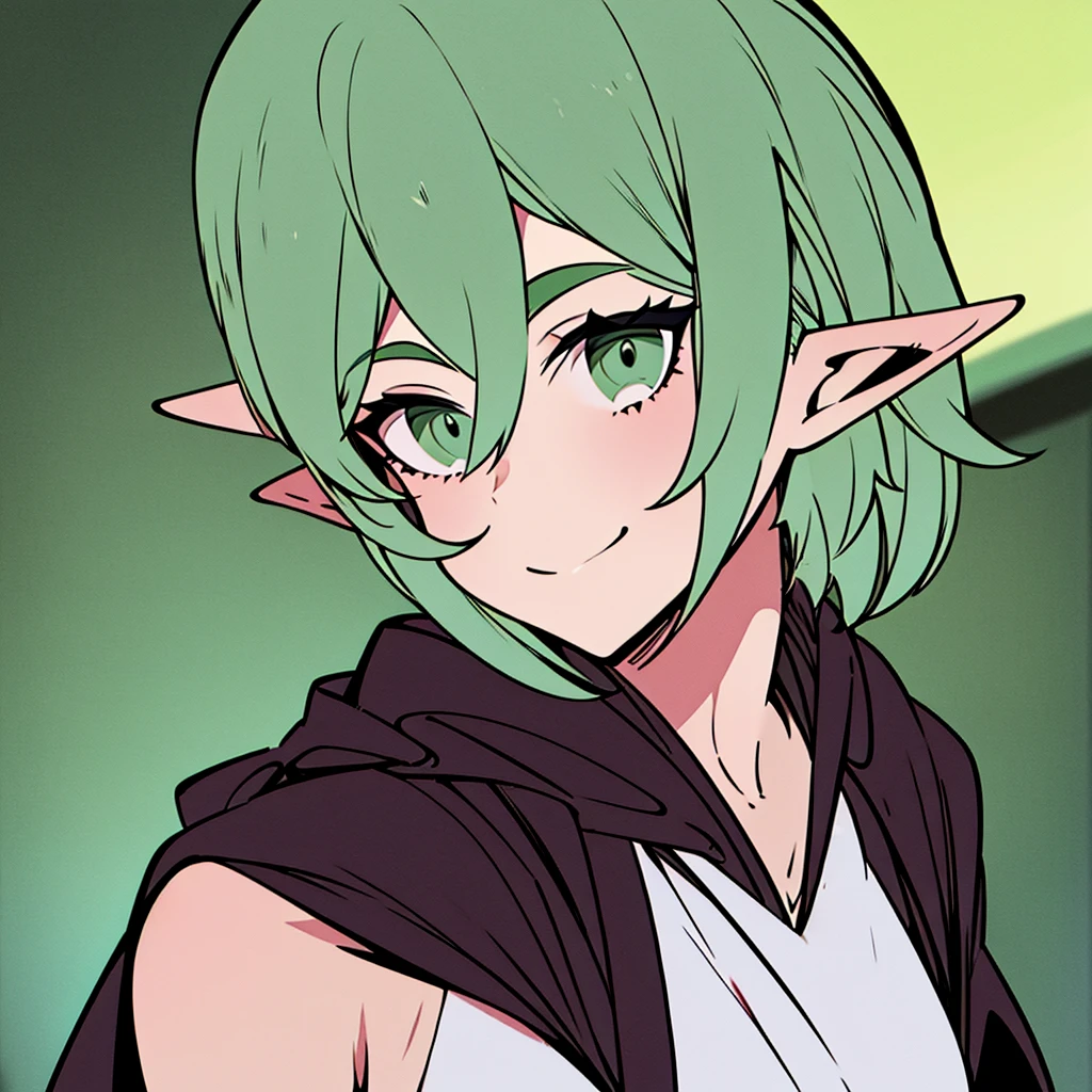 A woman with short white and green hair , with bangs parted in the middle, emerald green eyes. wearing a black robe, and the inside of the shirt is green. Was smiling gently, elf ears