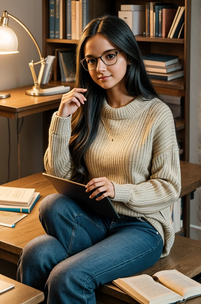 "A doll-like girl with long, flowing hair and glasses, fully dressed in a cozy sweater and jeans, sitting at a desk in her room. She's focused on her laptop, with books and stationery scattered around, and a soft lamp casting a warm glow."