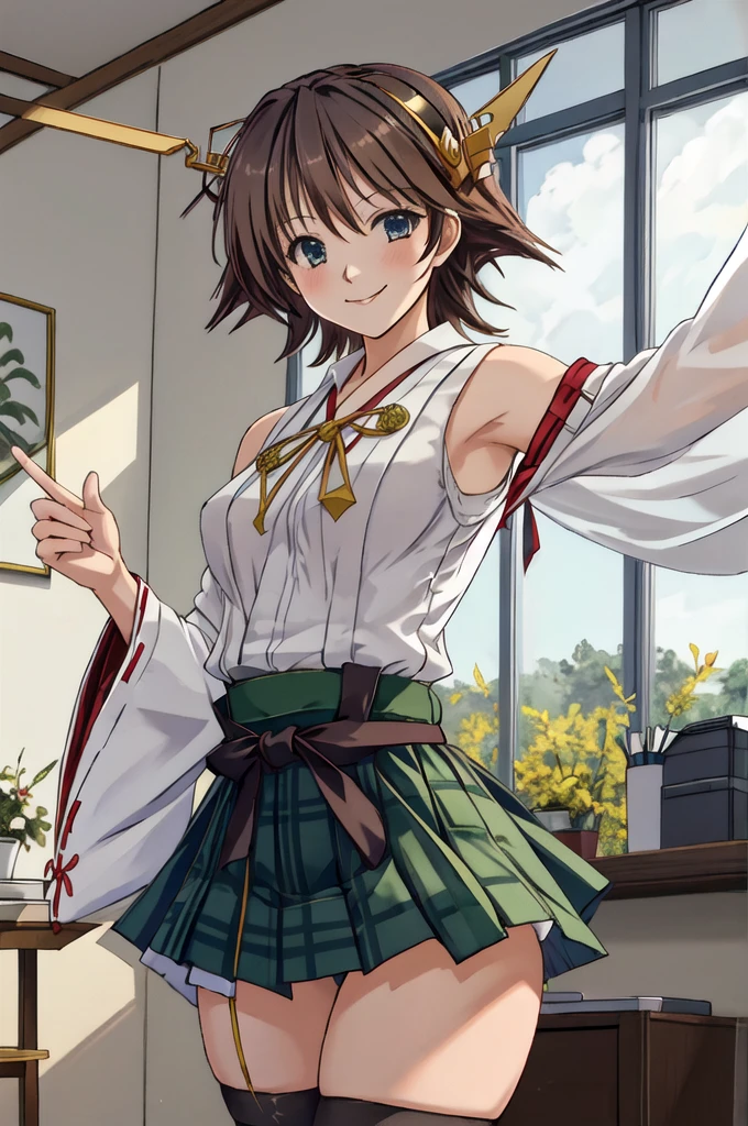 Highest quality, masterpiece, High resolution, alone, (Hiei Kai-2_Fleet Collection:1.15), オレンジ色hair, hairband, headgear, Non-traditional_Shrine maiden, smile, green_eye, Inverted up_hair, smile, One Girl, dependent_sleeve, green_skirt, Plaid, Plaid_skirt, ribbon-trimmed_sleeve, ribbon_trim, skirt, (indoor, office, living room), 