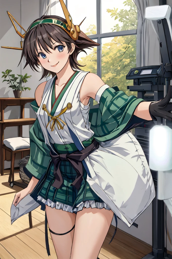 Highest quality, masterpiece, High resolution, alone, (Hiei Kai-2_Fleet Collection:1.15), オレンジ色hair, hairband, headgear, Non-traditional_Shrine maiden, smile, green_eye, Inverted up_hair, smile, One Girl, dependent_sleeve, green_skirt, Plaid, Plaid_skirt, ribbon-trimmed_sleeve, ribbon_trim, skirt, (indoor, office, living room), 