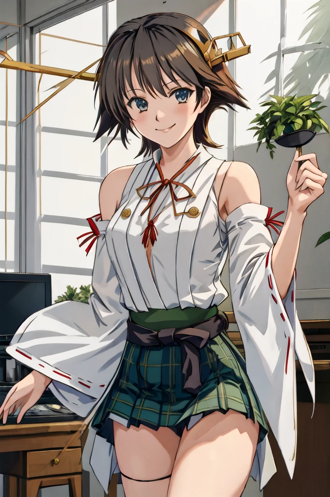 Highest quality, masterpiece, High resolution, alone, (Hiei Kai-2_Fleet Collection:1.15), オレンジ色hair, hairband, headgear, Non-traditional_Shrine maiden, smile, green_eye, Inverted up_hair, smile, One Girl, dependent_sleeve, green_skirt, Plaid, Plaid_skirt, ribbon-trimmed_sleeve, ribbon_trim, skirt, (indoor, office, living room), 