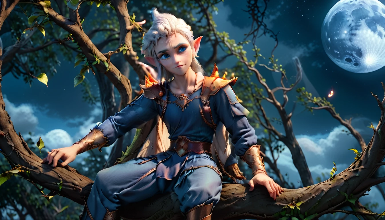 A stunning 3D scene,A handsome male Kalda elf sitting on a tree branch facing the moon in the sky,Looking at the moon, performing actions like a stage play。The atmosphere is mysterious and magical,Beautiful light,The moon shines blue and illuminates everywhere。HD,4K,high quality。