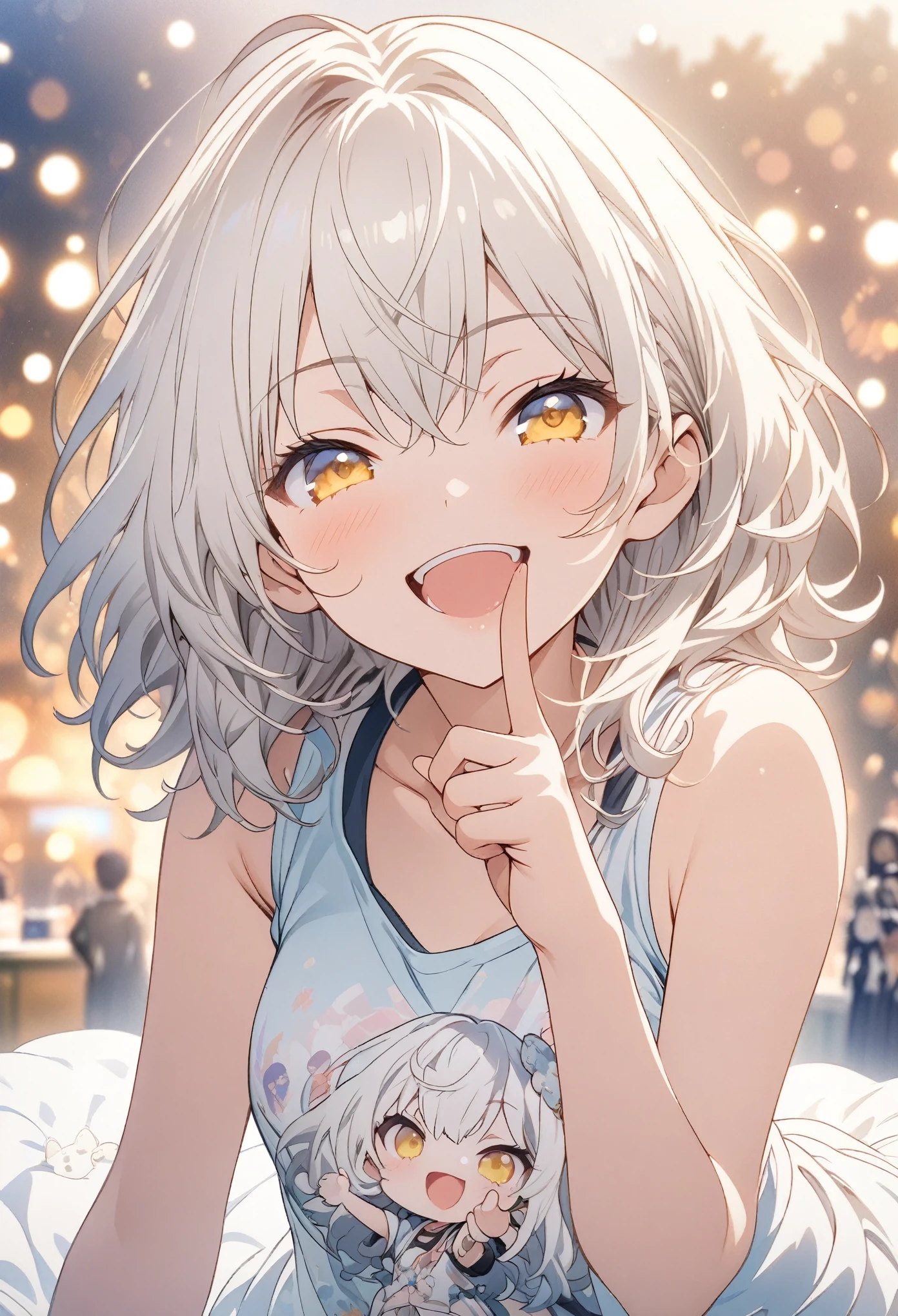 masterpiece, Highest quality, Highly detailed CG Unity 8k wallpaper, chibi, High School Girl Anime Illustration. Wear an oversized tank top、Doing the finger guns pose、she has her eyes closed and mouth open, smile. The background is a light pastel colored landscape., White hair color, Yellow Eyes, 2.5D illustration、Bokeh