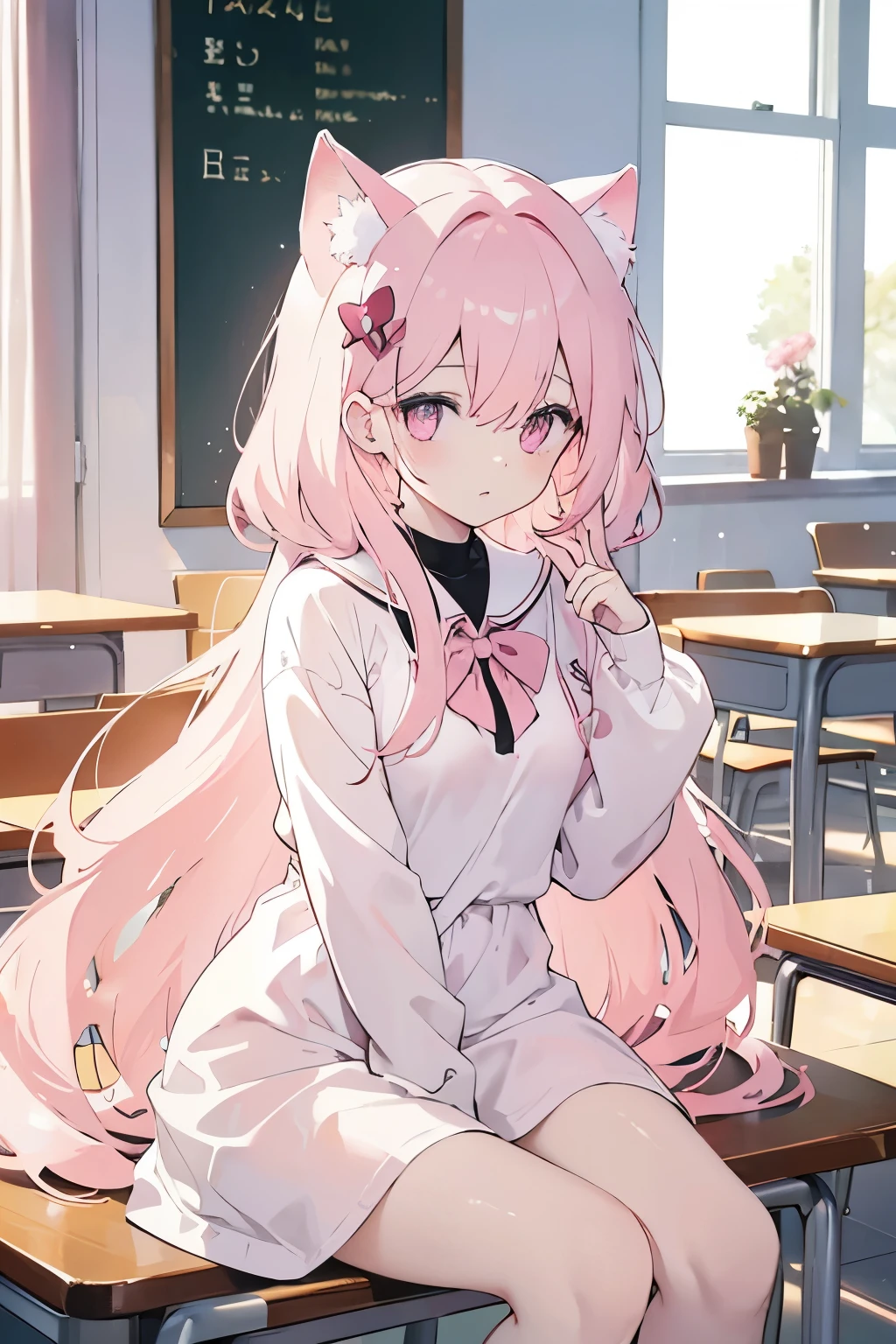 (pale pink cat ears:1.2),pale pink long hair,pink eyes sitting in classroom