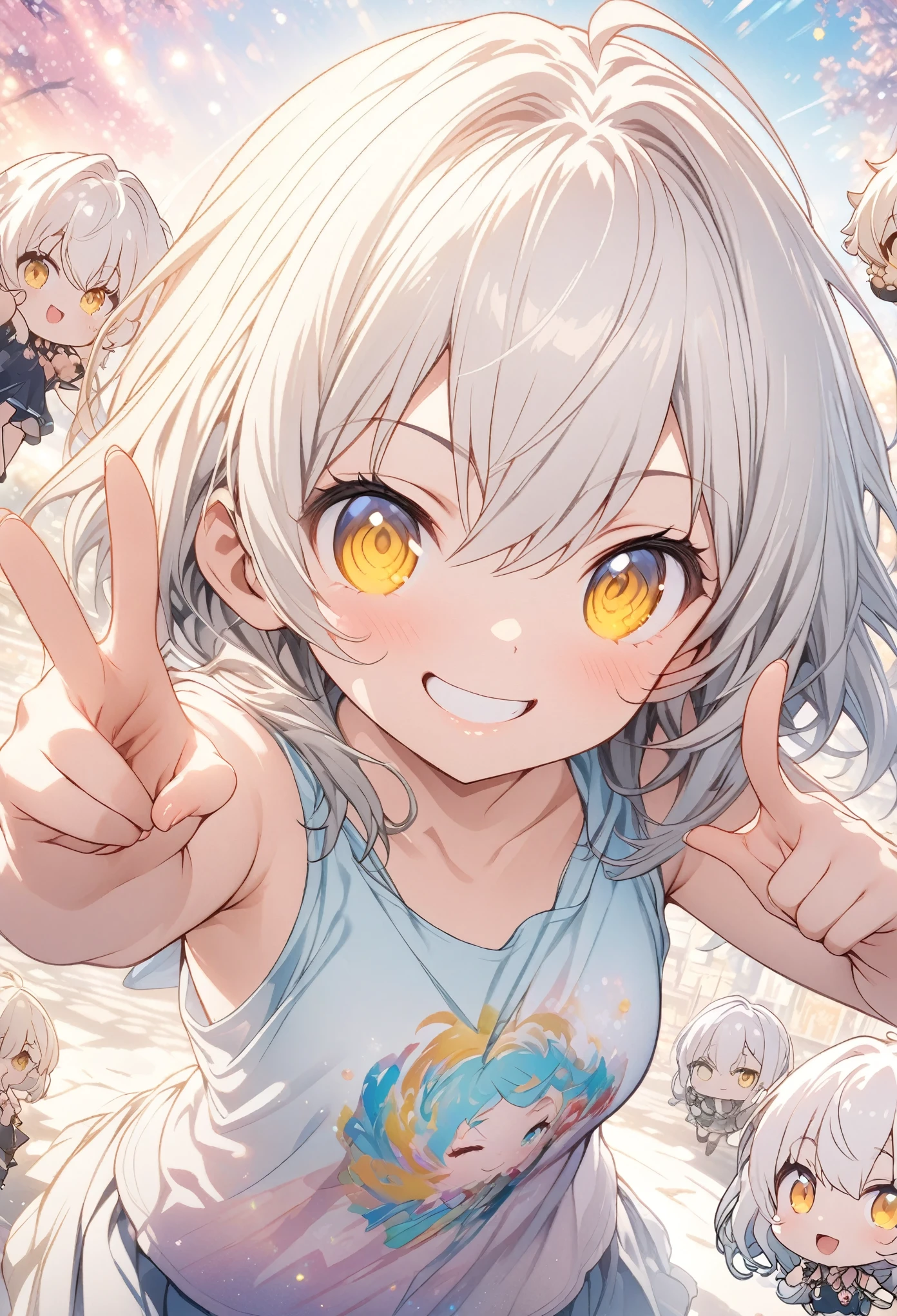 masterpiece, Highest quality, Highly detailed CG Unity 8k wallpaper, chibi, High School Girl Anime Illustration. Wear an oversized tank top、Doing the finger guns pose、she has her eyes closed and mouth open, smile. The background is a light pastel colored landscape., White hair color, Yellow Eyes, 2.5D illustration、Bokeh