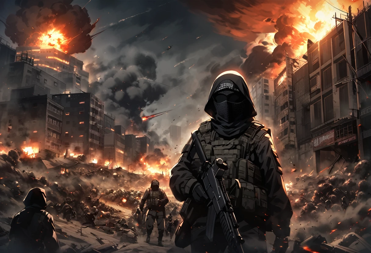  Terrorists, black balaclava, black clothes, war, city, night, blood, sandstorm, chaos, nuclear explosion, dark atmosphere, apocalypse, dark, black colour 