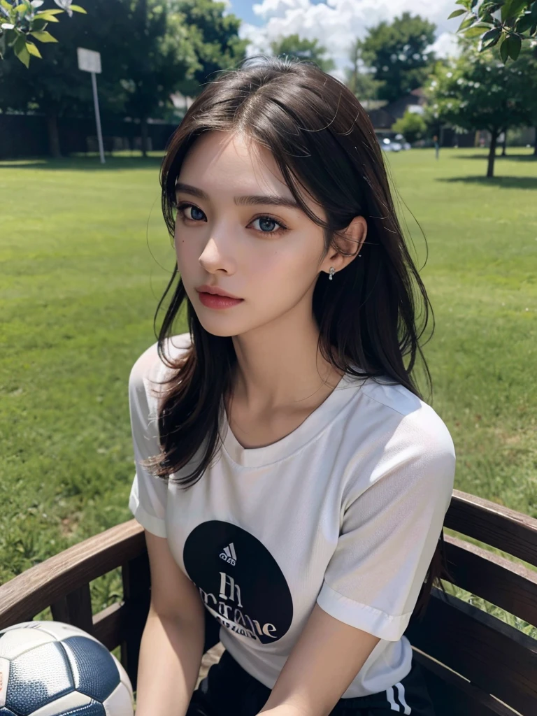 absurdres, RAW photo, extremely delicate and beautiful, masterpiece, Best Quality, ultra high resolution, 32k, hyperrealistic, ultra-detailed, perfect ???????, anatomically correct, perfect figure, Perfect Style, Perfect balance, super Detailed skin, in her 30s, very Slim body, narrow waist, very small head, very small face, delicate facial features, handsome detailed woman, very detailed eyes and face, realistic face proportions, Realistic beautiful face, Realistic beautiful eyes, tearful mole, earring, very huge round tits, full body shot, whole legs, medium hair, (outdoor:1.2), (soccer Jersey:1.2), shorts,