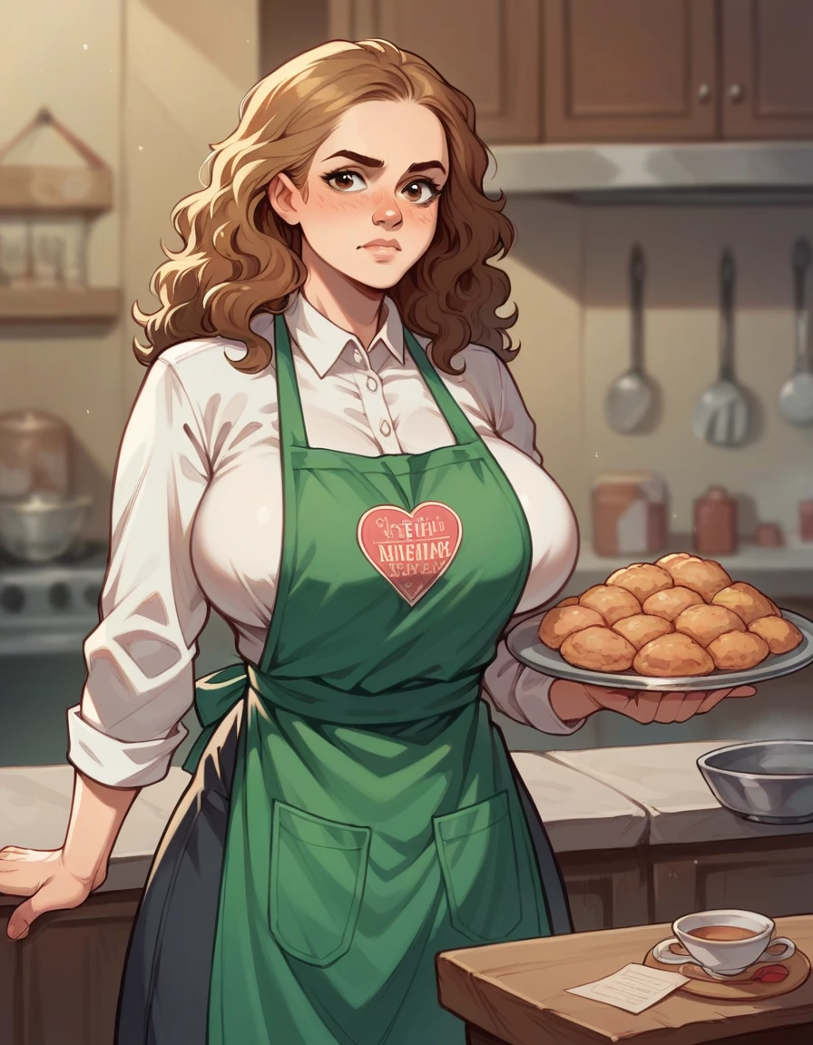 Character: Hermione granger, outfit: apron, unrealistically enormous breast, unrealistically wide pelvis area