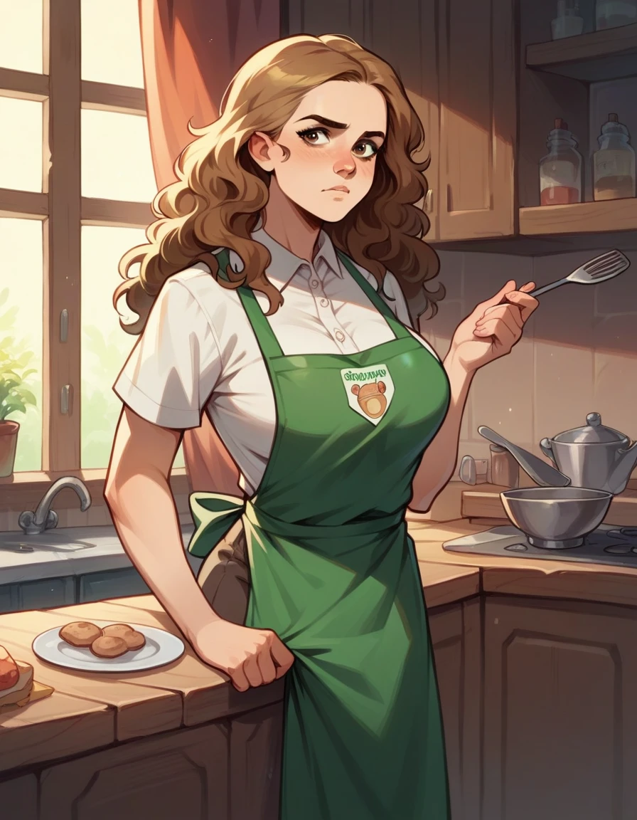Character: Hermione granger, outfit: apron, unrealistically enormous breast, unrealistically wide pelvis area