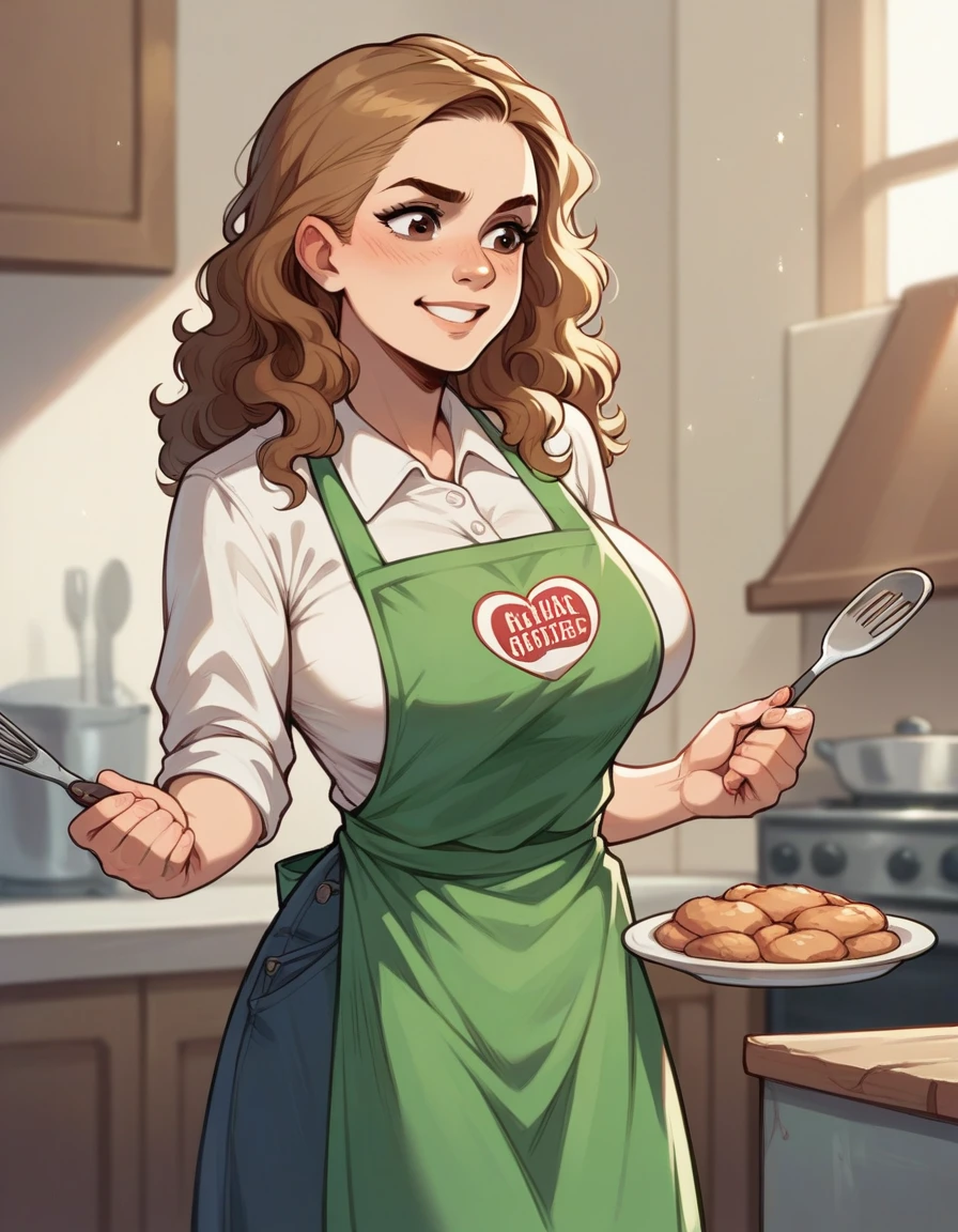 Character: Hermione granger, outfit: apron, unrealistically enormous breast, unrealistically wide pelvis area