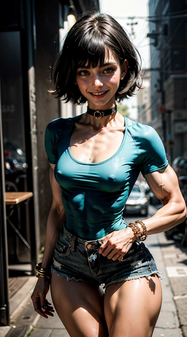 (Muscular:2.3), (thick thighs:2),
(black haired latina, pale skin, blunt bangs, blue eyes:1.5), beauty mark, freckles,
detailed eyes, (big smile:1.6), detailed skin,
(small breasts:1.5), (hard nipples),
(choker, green shirt, shorts, bracelet, plunging neckline:1.5),
(upper body view:1.5), (looking at viewer:1.3), (three quarter view:1.4), (from above:1.2), (standing),
highrise livingroom at night, rim lighting, two tone lighting, dimly lit