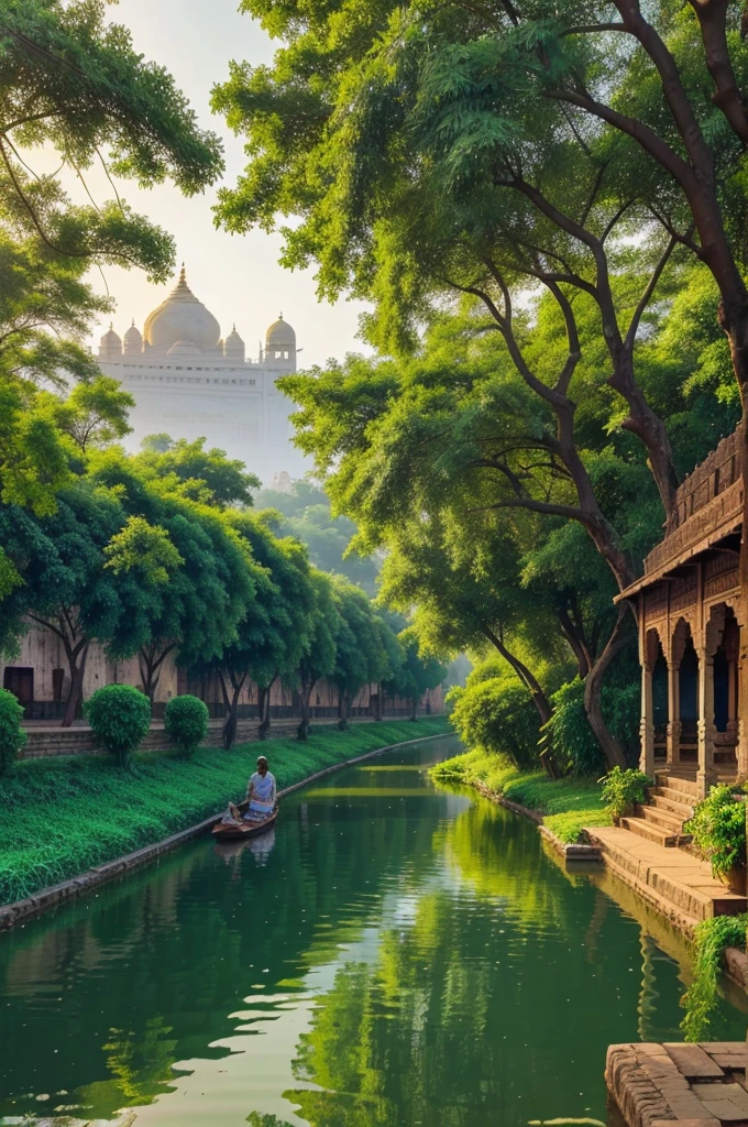 A serene image of Vrindavan with its lush greenery and Yamuna River. Illustration and anime 