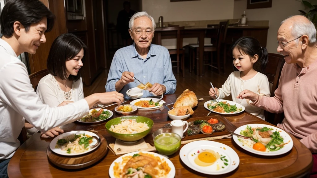 grandma,grandfather,mom,dad,The whole family, including children, sits around the table and enjoys a delicious meal, The menu is soup with chicken.