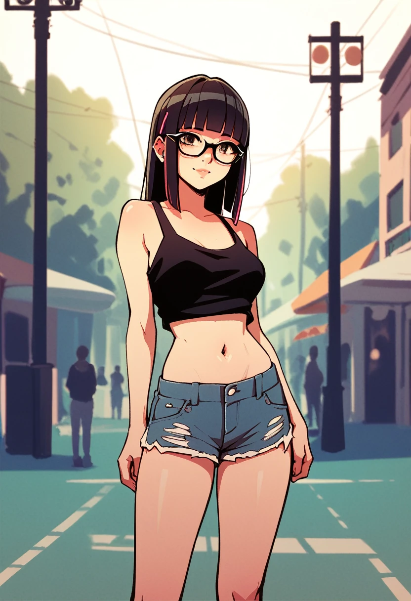 score_9, score_8_up, score_7_up, score_6_up, Character concept art of a pale skinned woman, hime cut hair, black crop top, khahki shorts, glasses, fashionable, high detail establishing shot. cinematic, bokeh, use of color theory