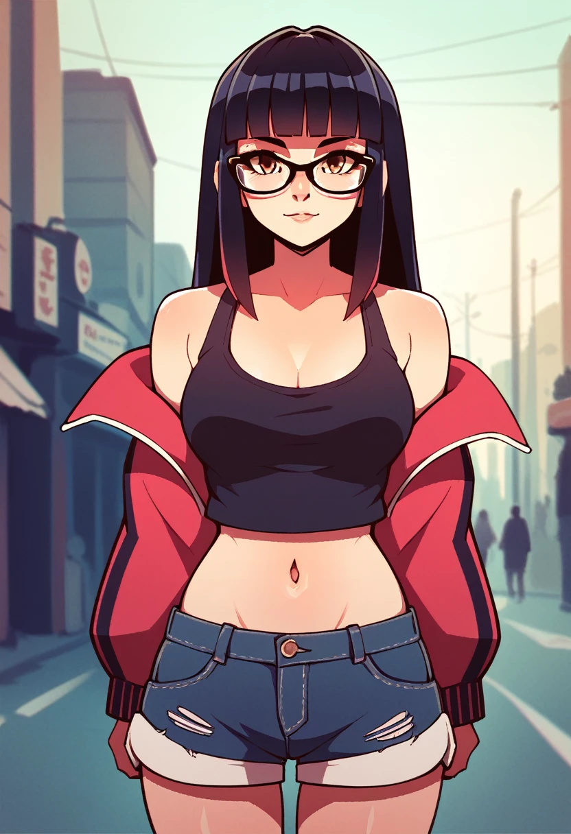 score_9, score_8_up, score_7_up, score_6_up, Character concept art of a pale skinned woman, hime cut hair, black crop top, khahki shorts, glasses, fashionable, high detail establishing shot. cinematic, bokeh, use of color theory