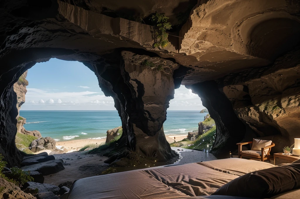 The cafe restaurant is located in a cave overlooking a steep bank, (view from the beach into the cave: 1.2), climbing plants, surrounding greenery, cool weather, modern style bedroom, large glass doors, (thermal landscape). fragrant),