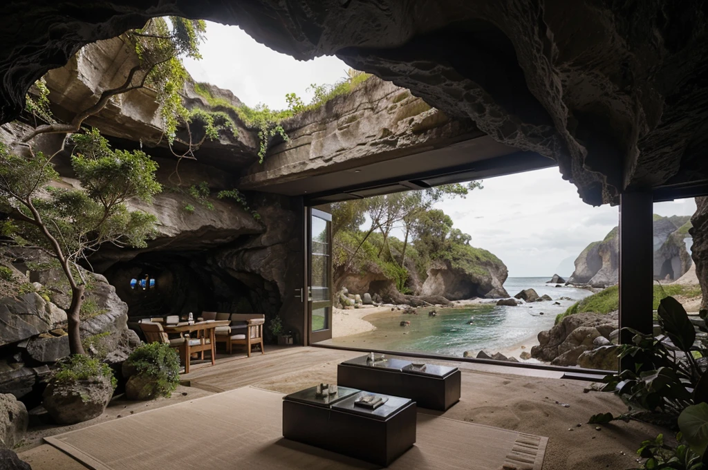 The cafe restaurant is located in a cave overlooking a steep bank, (view from the beach into the cave: 1.2), climbing plants, surrounding greenery, cool weather, modern style bedroom, large glass doors, (thermal landscape). fragrant),