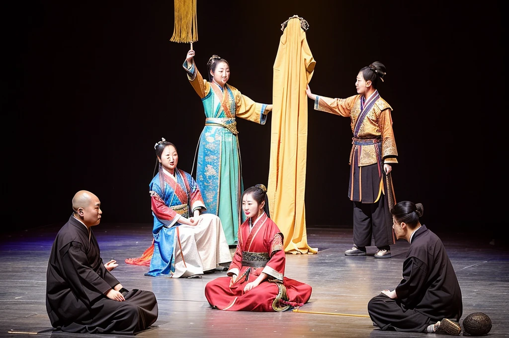 People sitting on stage together, Ruan Jia and Fenghua Zhong, Production photos, Inspired by Chen Daofu, Inspired by Song Maojin, Inspired by Zhang Zongcang, inspired by Zhang Shunzi, inspired by Guan Daosheng, Inspired by Lee Jung-jin, There are 3 actors on stage, Inspired by Dong Yuan