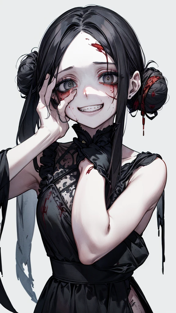 (Place your hands behind your head)、(masterpiece: 1. 2, Highest quality), (Live Action, Exquisite detail), (Anatomically correct), (1 girl, Small breasts, With eyes wide open, Scary atmosphere, Distorted representation, Wicked Smile, Bleeding eyes, Blood splatter, whole body, China dress, Twin-tailed bun, Black Hair, (Dark circles under the eyes), white, Sickly, Crazy Eyes, (Grin), Dramatic makeup, Mixed Media Art, White background