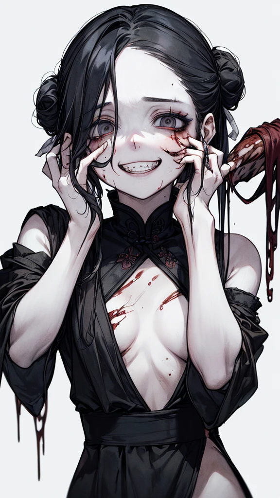 （Place your hands behind your head）、(masterpiece: 1. 2, Highest quality), (Live Action, Exquisite detail), (Anatomically correct), (1 girl, Small breasts, With eyes wide open, Scary atmosphere, Distorted representation, Wicked Smile, Bleeding eyes, Blood splatter, whole body, China dress, Twin-tailed bun, Black Hair, (Dark circles under the eyes), white, Sickly, Crazy Eyes, (Grin), Dramatic makeup, Mixed Media Art, White background