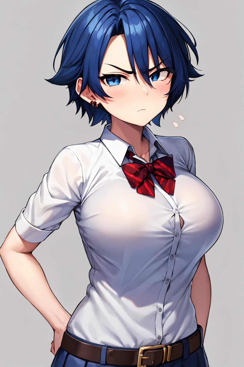 tomboy,blue-hair,short-hair,big-breast,school-uniform,tomboy,short-hair,18years-old,gang,earring,belt,super-big-breast,tsurime,half-closed-eye,black-under-eye,angry,hale-closed-eyes,all-body,whole body,blue-eye