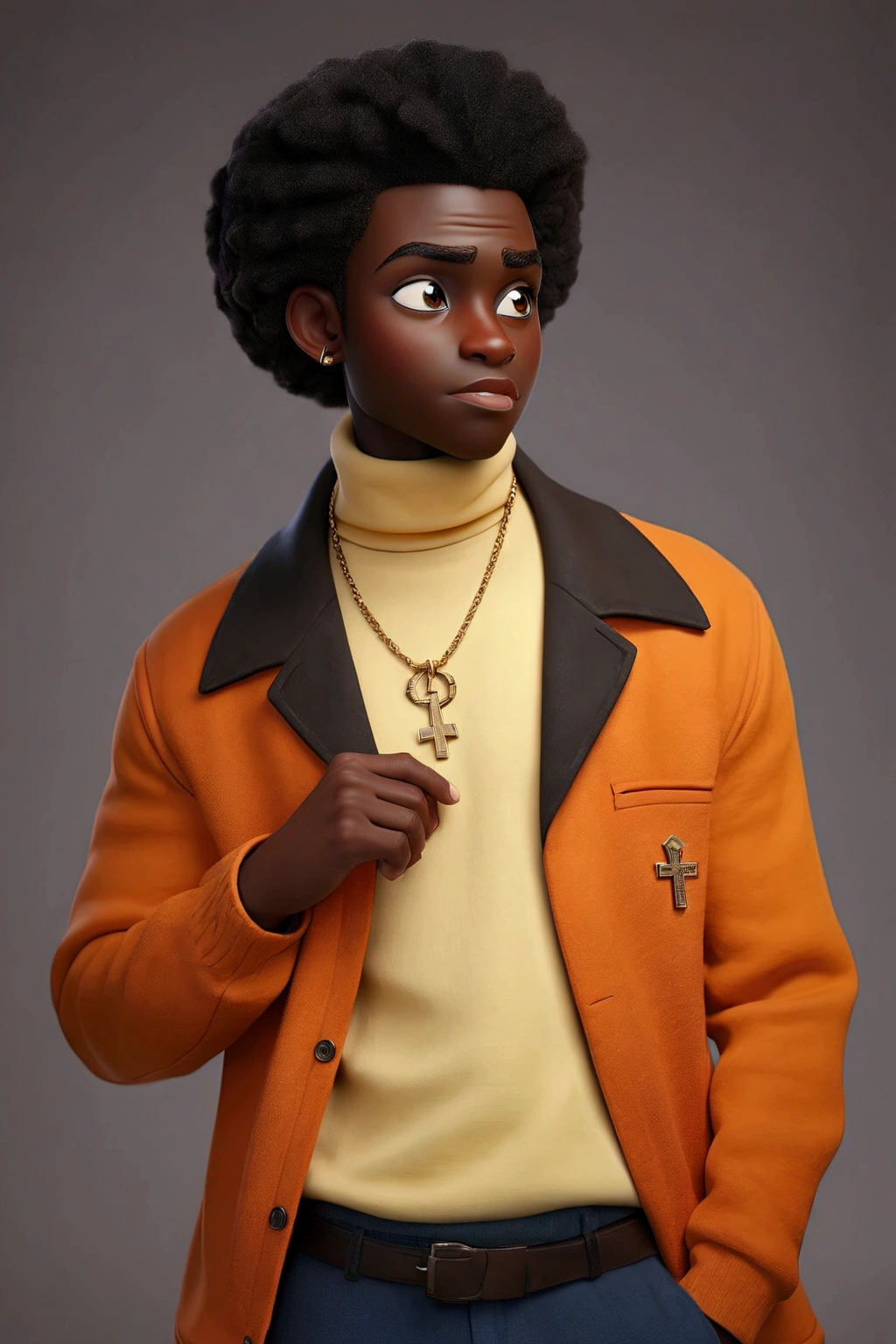 (masterpiece:1.2), (best quality), (ultra detailed), (8k, 4k, intricate),(half-body-shot:1), (highly detailed:1.2),(detailed background:1.2),((dark skin, handsome face,lips)) An close up of a African American man wearing a yellow jacket and orange turtleneck, wears a egyptian ankh necklace,  smooth in _ the background, taken in the early 2020s, wearing a turtleneck and jacket, high quality portrait