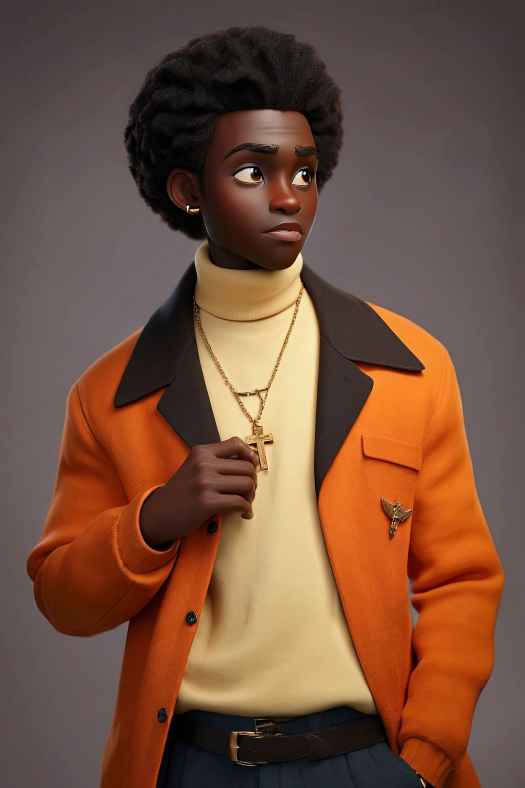 (masterpiece:1.2), (best quality), (ultra detailed), (8k, 4k, intricate),(half-body-shot:1), (highly detailed:1.2),(detailed background:1.2),((dark skin, handsome face,lips)) An close up of a African American man wearing a yellow jacket and orange turtleneck, wears a egyptian ankh necklace,  smooth in _ the background, taken in the early 2020s, wearing a turtleneck and jacket, high quality portrait