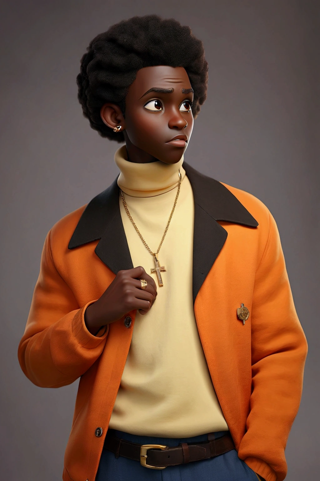 (masterpiece:1.2), (best quality), (ultra detailed), (8k, 4k, intricate),(half-body-shot:1), (highly detailed:1.2),(detailed background:1.2),((dark skin, handsome face,lips)) An close up of a African American man wearing a yellow jacket and orange turtleneck, wears a egyptian ankh necklace, smooth in _ the background, taken in the early 2020s, wearing a turtleneck and jacket, high quality portrait