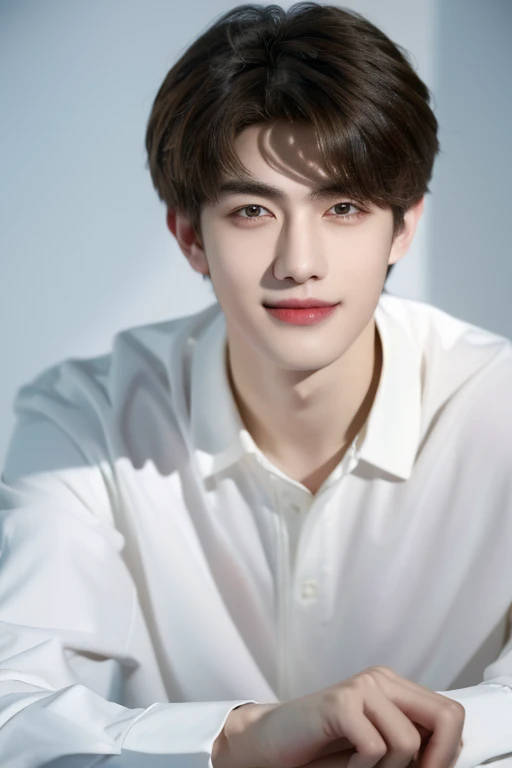 Handsome 20-year-old handsome shirt guy，Looking at the camera，front，high quality，masterpiece，8K.4K,1080P，light-sensitive, Smile, ,Wide Angle