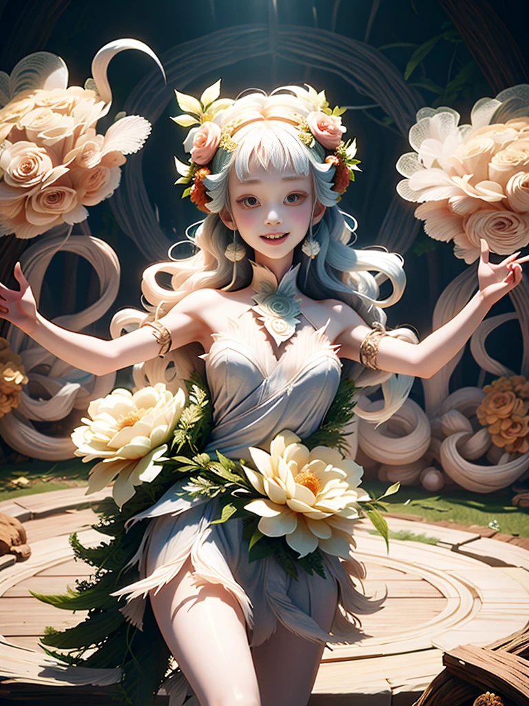 generate a group of mystical forest spirit girls with wreaths of flowers on their heads with pale skin dancing in a circle, adorable smile, cute teeth, masterpiece