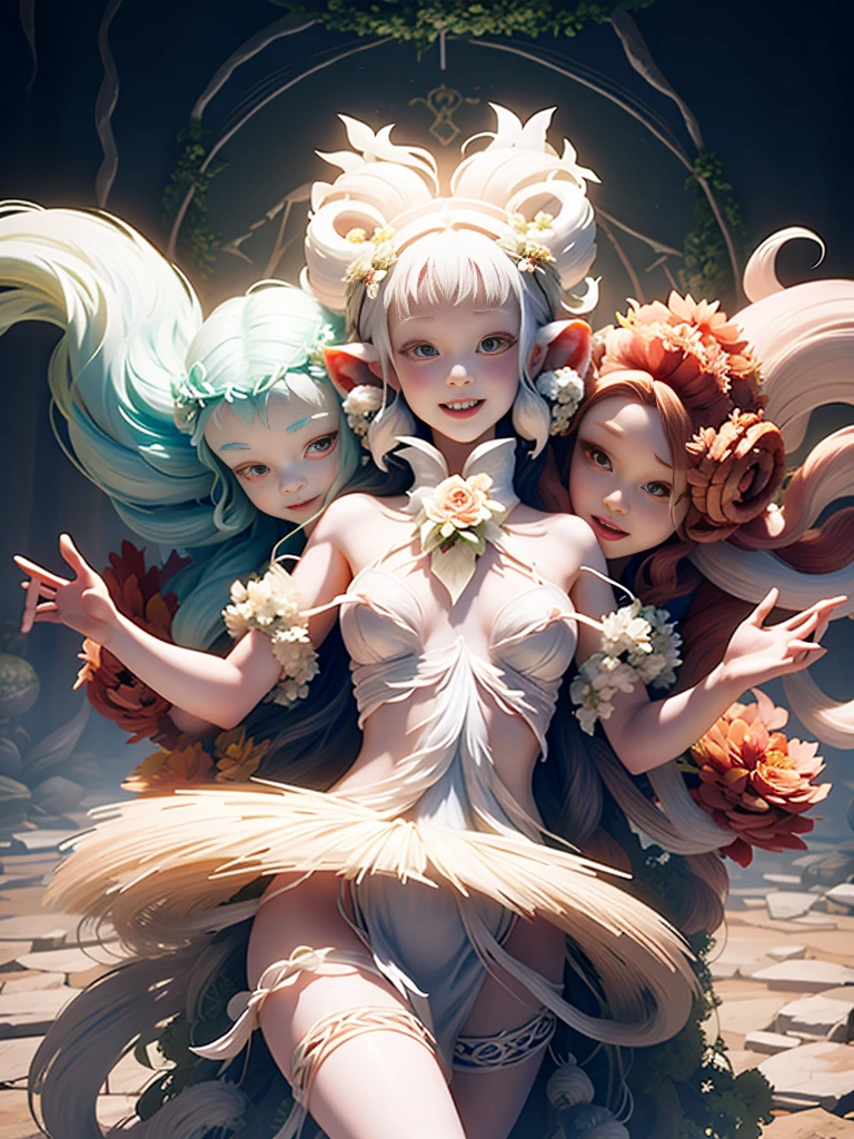 generate a group of mystical forest spirit girls with wreaths of flowers on their heads with pale skin dancing in a circle, adorable smile, cute teeth, masterpiece