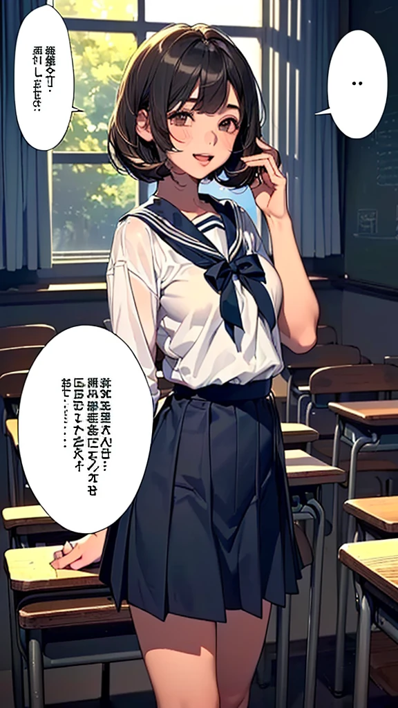 (loli:1.38),(14 Years Old:1.68),(young Woman:1.66),(Masterpiece:1.21),(FHD),(16K),(Top Quality:1.24),(Super Resolution),(Super Illustration),(Best Shadow),(High Quality),(Super Detail:1.15), Elaborate,(1 Woman),(Japanese girl:1.1),(black hair:1.21),(big breasts:1.13),(petite:1.72)(middle hair),(bob cut),(straight hair),(copper tone hair, swept bangs, brown eyes),(drooping eyes:1.33),(big eyes:1.44),(long eyelashes:1.15), (Very dark room:1.76)),(((Middle School))),(Classroom in),((white Sailor uniform, white blouse, navy ribbon,black pleated skirt,white socks,black loafers)),(cartoon speech bubble:1.33),(open one's mouth:1.22),(to talk:1.2), (lovely smile, upper eyes)