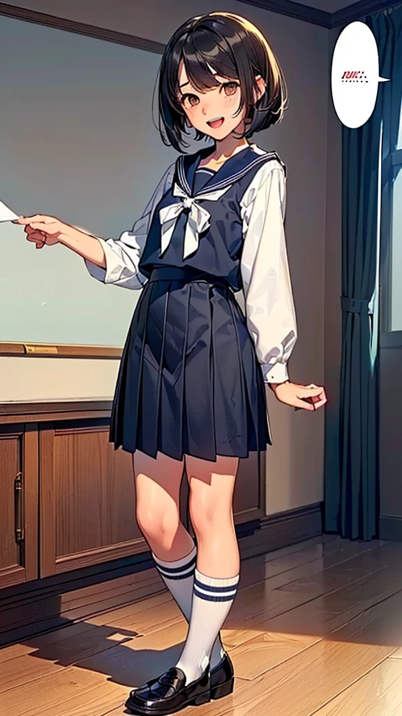 (:1.38),(14 Y8),(young Woman:1.66),(Masterpiece:1.21),(FHD),(16K),(Top Quality:1.24),(Super Resolution),(Super Illustration),(Best Shadow),(High Quality),(Super Detail:1.15), Elaborate,(1 Woman),(Japanese girl:1.1),(black hair:1.21),(big breasts:1.13),(petite:1.72)(middle hair),(bob cut),(straight hair),(copper tone hair, swept bangs, brown eyes),(drooping eyes:1.33),(big eyes:1.44),(long eyelashes:1.15), (Very dark room:1.76)),(((Middle School))),(Classroom in),((white Sailor uniform, white blouse, navy ribbon,black pleated skirt,white socks,black loafers)),(cartoon speech bubble:1.33),(open one's mouth:1.22),(to talk:1.2), (lovely smile, upper eyes)