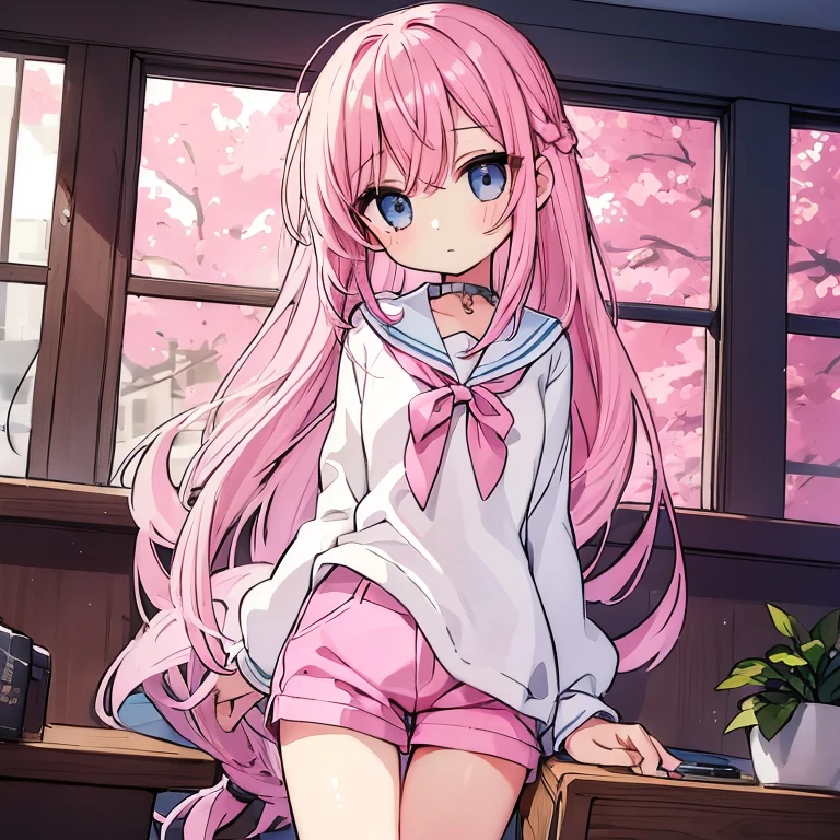 Beautiful illustrations, Highest quality, (12-year-old girl:1.4)、(pretty girl：1.5)、、Flat Chest、Sailor collar、(White long tunic)、Long sleeve sailor suit、Blue-line cuffs、(Pink Chino Shorts：1.7)、(Pink shorts with wide openings：1.6)、Gap between thigh and pants、Thin thighs、White socks、 Cinema Lighting, (Pink Long Hair)、Pink Straight Hair、Redness on the cheeks、(Braiding of the back of the head