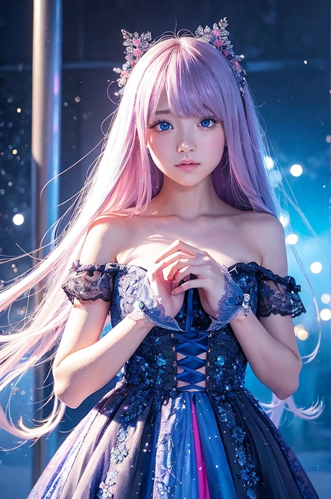 The prompt for this image is::
--- Beautiful Japanese girl、Standing in a fantastical background。The background is a flurry of sparkling light particles.、The blue and pink lights intersect in the darkness, creating a mysterious atmosphere.。The beautiful girl is wearing a thin fabric outfit.、The dress, with its intricate lace and embroidery, sparkles in the light.。Her long hair is also enveloped in light particles.、Emphasizing the fantastical atmosphere。
Beautiful girl poses sideways、Turn your face to us、The expression is fragile yet strong-willed.。Her eyes shine blue、It reflects the surrounding light and shines beautifully.。As a photographic technique、The contrast of light and shadow is very realistic.、The texture of the clothes and hair in particular is depicted in great detail.。
The vertical composition emphasizes the beautiful girl's figure.、The fantastic light in the background creates a super-realistic, photo-realistic texture.。overall、This image expresses the beauty and mystery of a dream.。