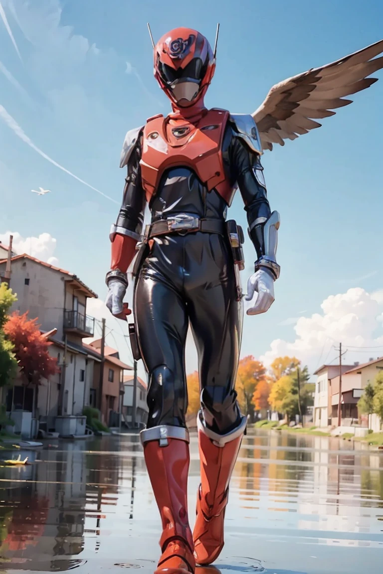 The sunset flies with the lonely geese in the distance, and the autumn river water and the vast sky are connected, icons,1boy, white, full body, Illustration, cinematic light, high resolution, best quality, ultra detailed, masterpiece, power suit, powerranger, suit, spd, (silver royal guard ranger suit), gold detail