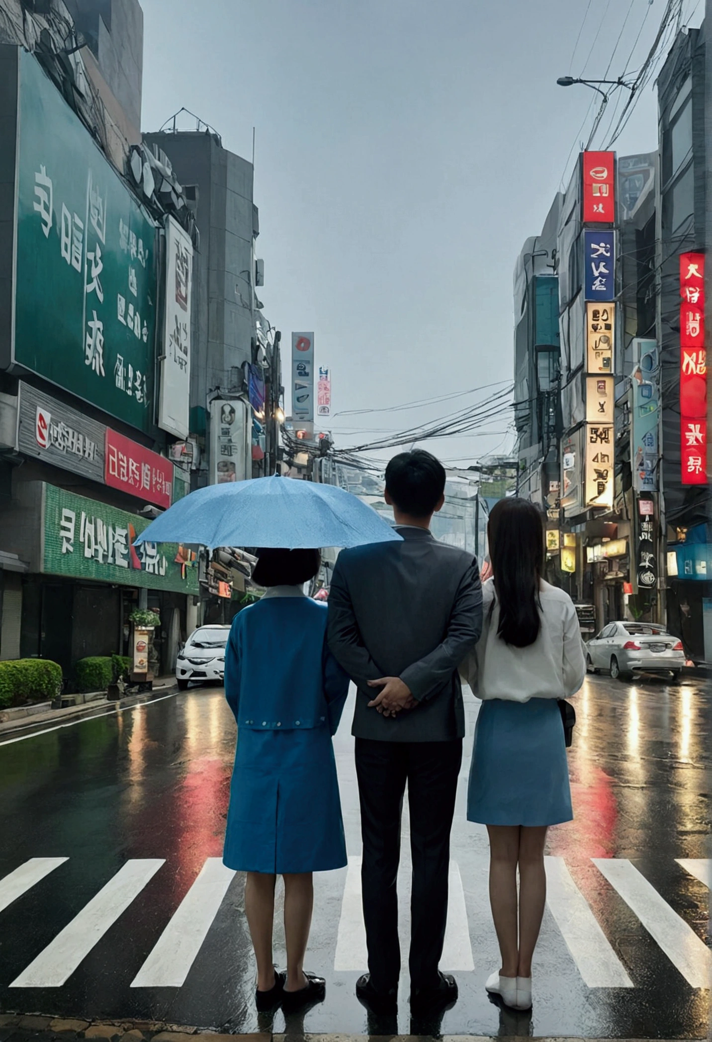 Gloomy sky and rainy streets of Seoul. With the light reflected on the roadside, I vaguely see a blinking traffic light in the distance.
A Korean man and a Korean woman standing with their backs turned. The distance between the two is not that big, But between them is a broken clock and a photo..
The overall color is a combination of gray and blue., Gives a quiet and calm feeling